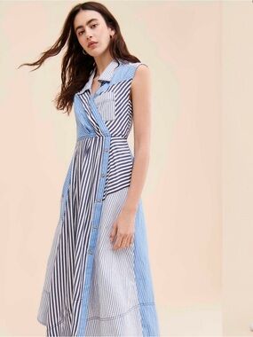 Anthropologie Mixed-Stripe Sleeveless Shirt Dress - Blue & White